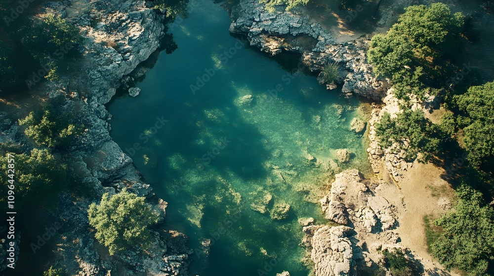 Aerial view of a serene turquoise water pool surrounded by rocky terrain and lush greenery. Aerial view of a serene turquoise water pool surrounded by rocky terrain and lush greenery.