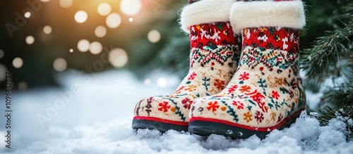 Festive Russian valenki boots adorned with holiday decorations on a snowy winter landscape photo