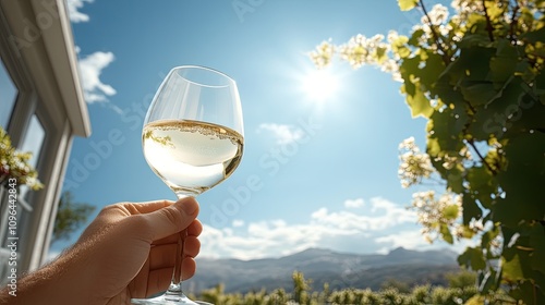 A hand raises a glass of white wine amidst the stunning vineyards of Tuscany, surrounded by mountains on a bright sunny day photo