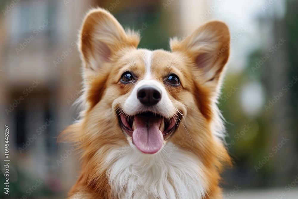 Close up of a cheerful welsh corgi pembroke, enjoying the outdoors and showing a happy smile Close up of a cheerful welsh corgi pembroke, enjoying the outdoors and showing a happy smile