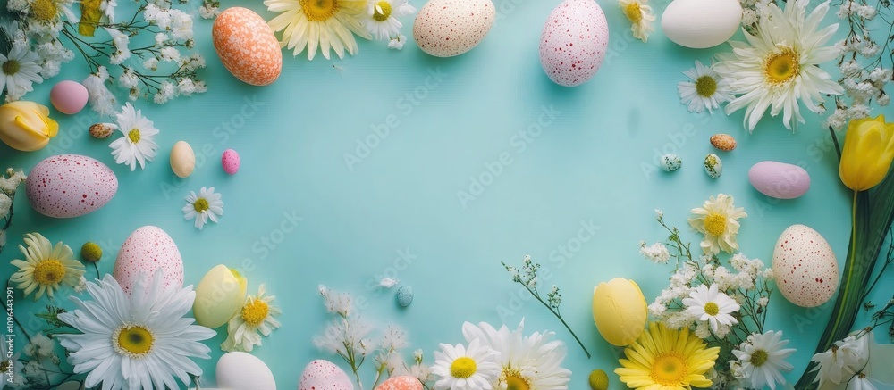 Easter celebration backdrop with colorful eggs and flowers creating a vibrant frame for text or messages on a pastel blue background Easter celebration backdrop with colorful eggs and flowers creating a vibrant frame for text or messages on a pastel blue background