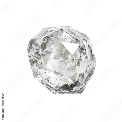 Top view of a hyperrealistic single uncut diamond in an irregular shape isolated on a white transparent background