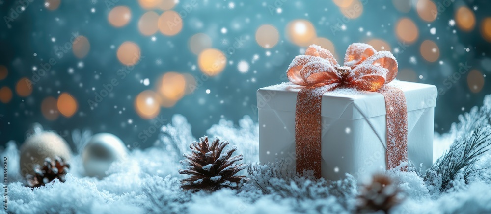 Elegant white gift box with snowflake design surrounded by pinecones and snowflakes on a winter night with festive bokeh background Elegant white gift box with snowflake design surrounded by pinecones and snowflakes on a winter night with festive bokeh background