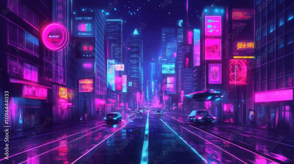 Fototapeta premium Futuristic Cityscape at Night with Neon Glow