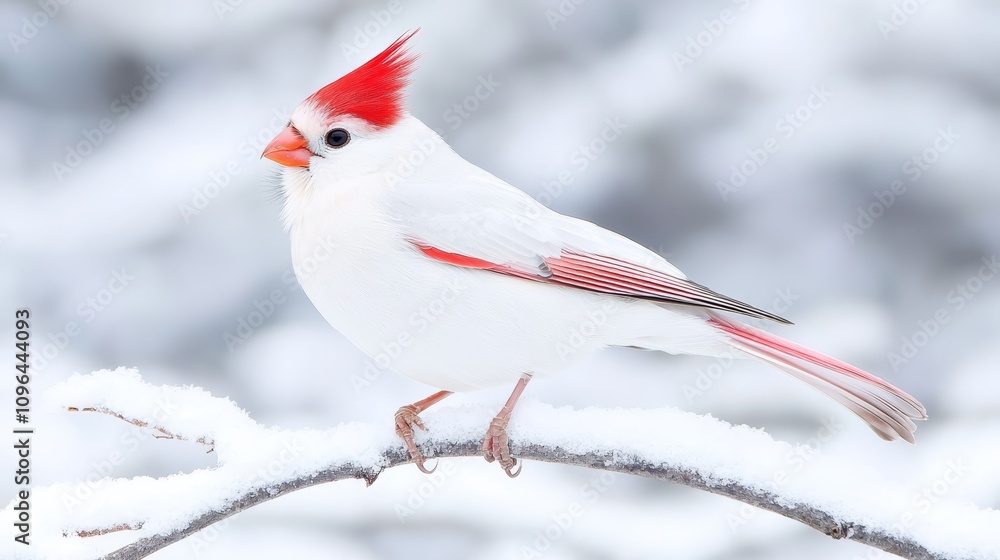 a female cardinal perched atop a snow-covered tree branch, its white feathers standing out against the blurred background a female cardinal perched atop a snow-covered tree branch, its white feathers standing out against the blurred background