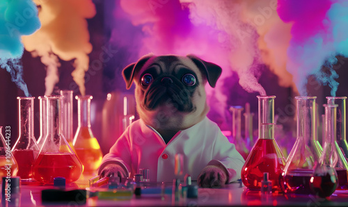 A pug in a lab coat conducts experiments among colorful beakers and smoke.
