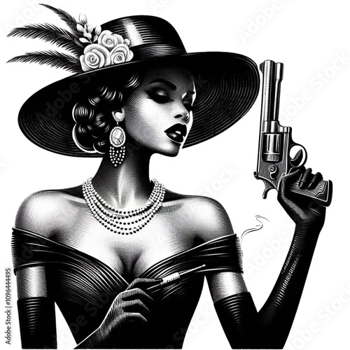 A glamorous woman dressed elegantly, holding a revolver, exuding vintage charm with a femme fatale theme. She was created in a scratchboard style, resembling a black-and-white sketch engraving,