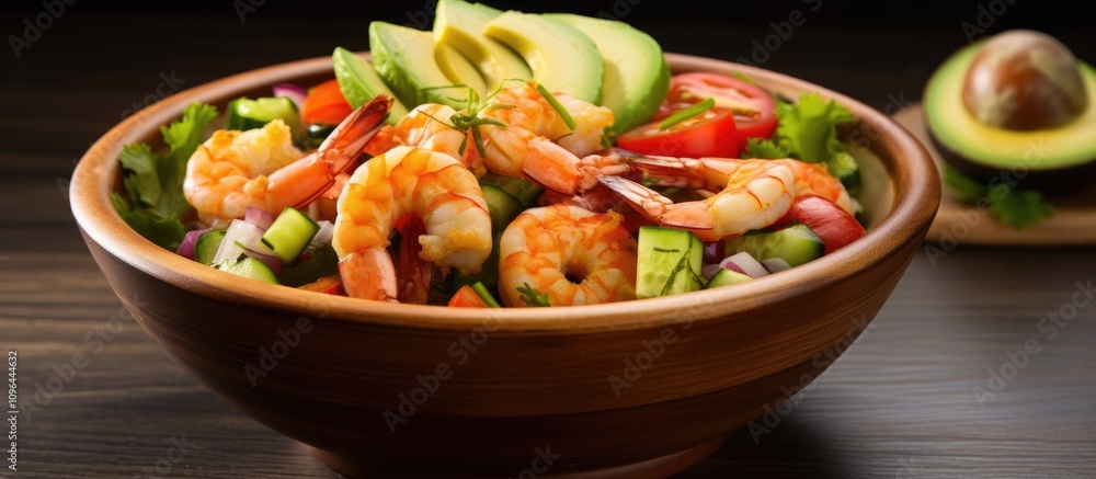 Bowl of fresh shrimp and avocado salad garnished with vegetables elegantly presented on a rustic wooden table ready for enjoyment Bowl of fresh shrimp and avocado salad garnished with vegetables elegantly presented on a rustic wooden table ready for enjoyment
