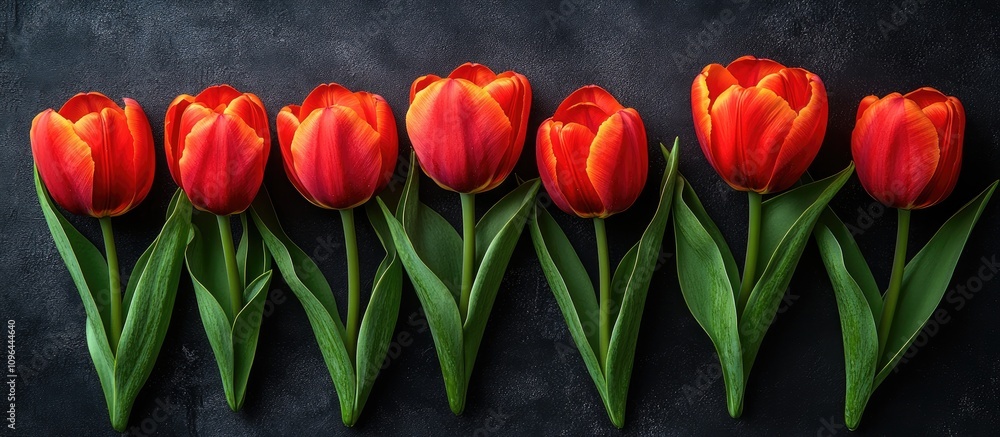 Fototapeta premium Colorful tulips arranged in a row on a dark background perfect for Easter and spring seasonal themes in floral design and decoration