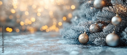 Silver decorated Christmas tree with ornaments and soft bokeh background creating a festive holiday atmosphere