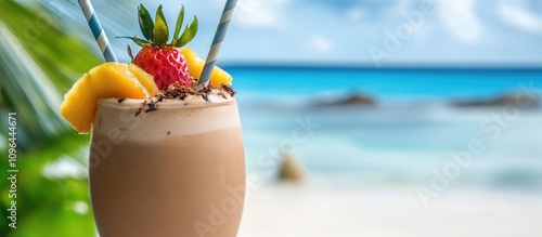 Tropical beverage with fruit garnish and two straws against a serene beach backdrop perfect for summer refreshment and relaxation themes photo