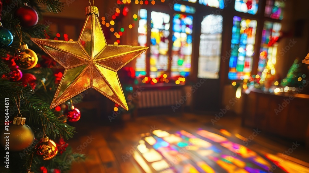 Naklejka premium A radiant golden Christmas star ornament hanging in a stained glass window, casting colorful patterns of light across a room filled with festive decorations.