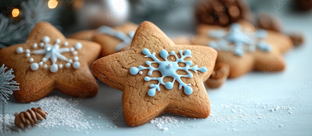 Star-shaped gingerbread cookies decorated with icing on a light blue winter background creating a festive holiday atmosphere Star-shaped gingerbread cookies decorated with icing on a light blue winter background creating a festive holiday atmosphere