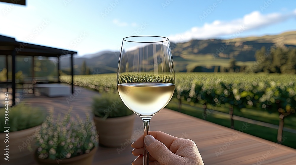 Obraz premium A hand raises a glass of white wine amidst the stunning vineyards of Tuscany, surrounded by mountains on a bright sunny day