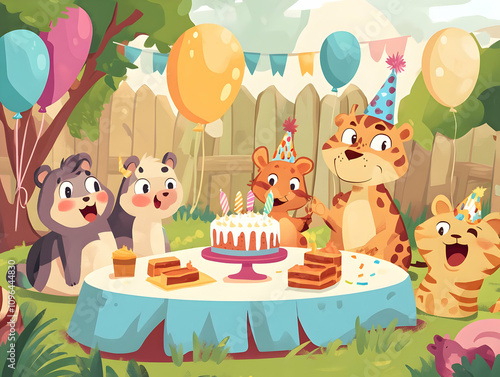 A cheerful animal birthday party with cake and decorations in a sunny garden.