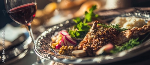 Traditional Passover Seder plate with symbolic foods and wine, elegantly arranged on a festive table setting for the holiday celebration photo