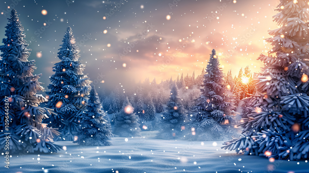 Naklejka premium Merry Christmas and Happy New Year Greeting: A winter landscape with snow and Christmas trees, perfect for holiday greetings and New Year celebrations.