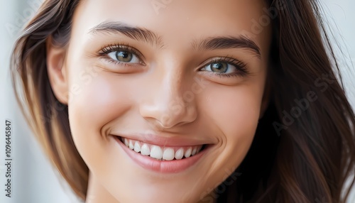 Joyful young woman smiling indoor setting portrait photography warm lighting close-up happiness concept