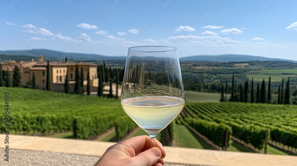 Obraz premium A hand raises a glass of white wine amidst the stunning vineyards of Tuscany, surrounded by mountains on a bright sunny day