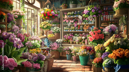 A vibrant flower shop filled with colorful blooms and decorative items.