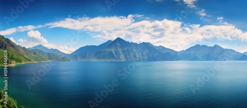 Tranquil coastal landscape featuring expansive blue sea, majestic mountains, and a clear sky for a serene nature escape.