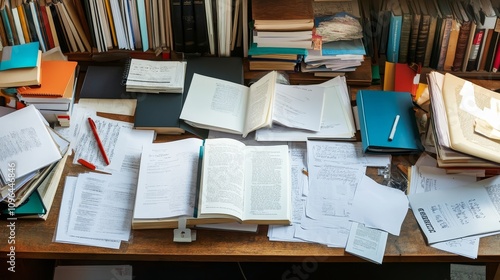 High-Angle View of a Cluttered Desk with Open Books - A cluttered desk with open books, papers, and notebooks, symbolizing study, research, work, chaos, and knowledge.