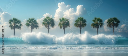 Palm trees standing majestically on a wave breaker with ocean waves crashing in a serene beach setting under a clear blue sky photo