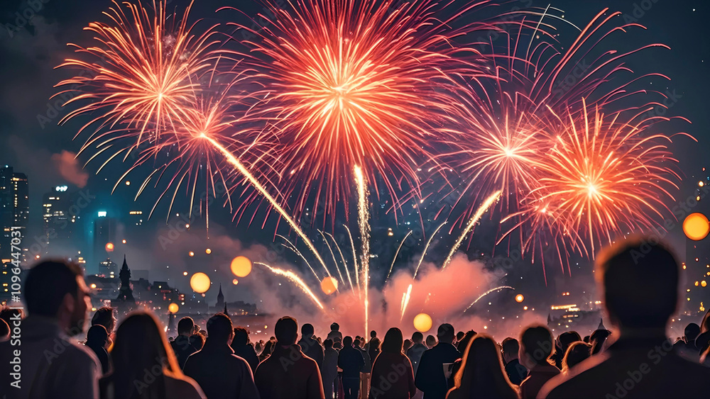 Obraz premium fireworks are lit up in the sky above a crowd of people watching a fireworks display