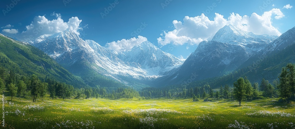 Breathtaking Scenic View of Majestic Mountains Surrounded by Lush Green Valleys and Vibrant Wildflowers Under a Clear Blue Sky Breathtaking Scenic View of Majestic Mountains Surrounded by Lush Green Valleys and Vibrant Wildflowers Under a Clear Blue Sky