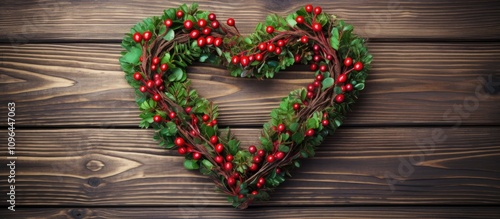 Heart-shaped wreath adorned with red berries and green foliage on a rustic wooden background ideal for Christmas decor and festive themes.