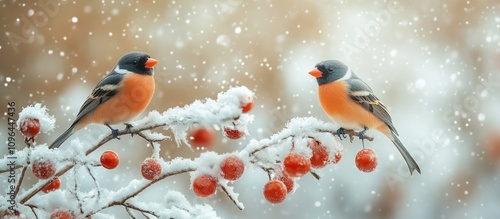 Winter scene with bullfinches perched on frosty branches adorned with red berries amid falling snowflakes and a soft blurred background. photo