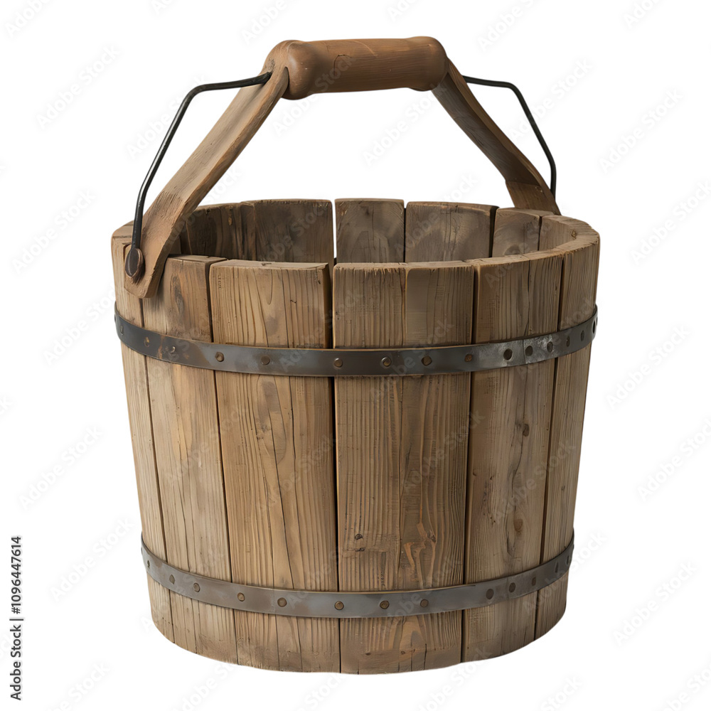 Antique-look wooden bucket with metal accents and sturdy handle, ideal for farmhouse-inspired decor or functional storage Antique-look wooden bucket with metal accents and sturdy handle, ideal for farmhouse-inspired decor or functional storage