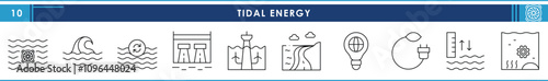 A set of line icons related to Tidal Energy. Tide, underground, offshore, electricity, renewable, and so on. Vector editable stroke.