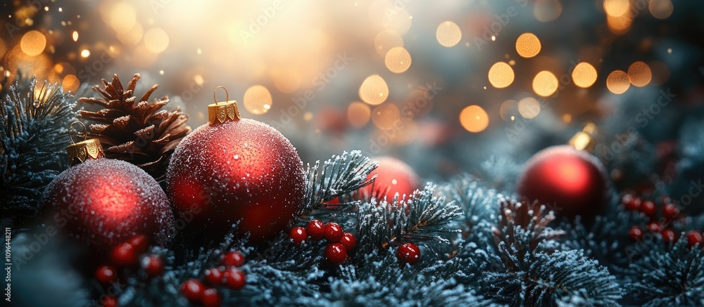 Festive New Year card design with decorative Christmas ornaments and sparkling bokeh background for personalized text and holiday greetings Festive New Year card design with decorative Christmas ornaments and sparkling bokeh background for personalized text and holiday greetings