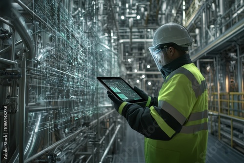 Industrial Engineer Analyzing Data on Tablet - Safety-conscious engineer reviews digital analytics in a modern industrial facility, symbolizing technology, safety, efficiency, progress, and innovation