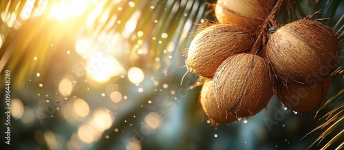 Coconut tree fruits illuminated by sunlight with sparkling droplets against a blurred tropical background photo