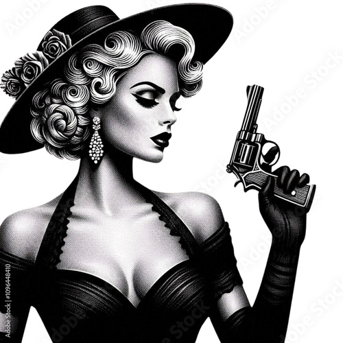 A glamorous woman dressed elegantly, holding a revolver, exuding vintage charm with a femme fatale theme. She was created in a scratchboard style, resembling a black-and-white sketch engraving,