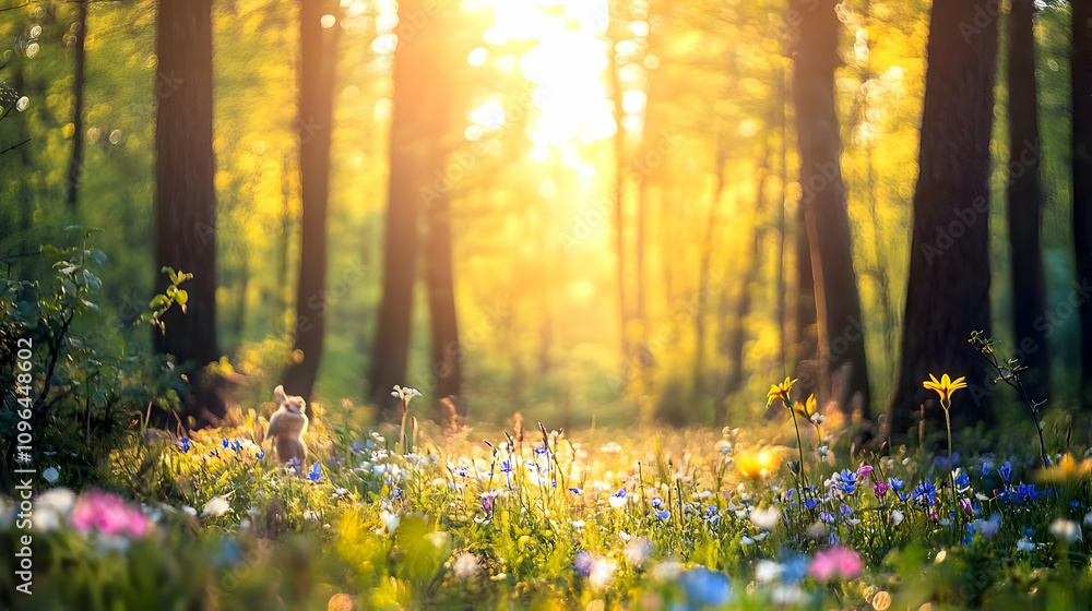 Obraz premium A serene forest scene illuminated by sunlight, featuring colorful wildflowers.