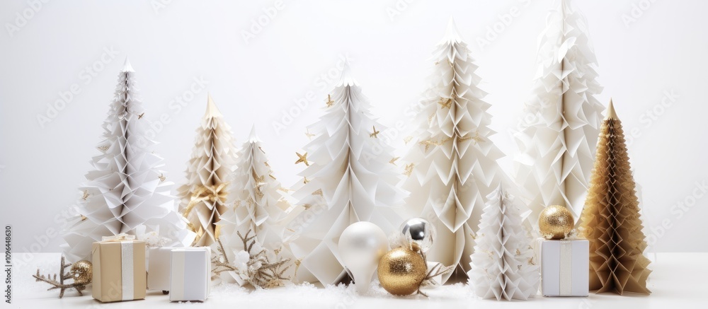 Fototapeta premium Eco friendly Christmas decorations with zero waste packaging featuring white trees and gold accents on clean white backdrop
