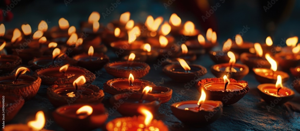 Illuminated clay diya lamps creating a vibrant atmosphere during Diwali celebration symbolizing light and joy Illuminated clay diya lamps creating a vibrant atmosphere during Diwali celebration symbolizing light and joy