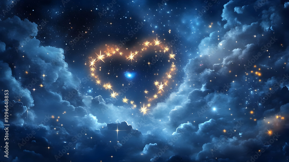 A starry night sky with clouds and a heart shape formed by twinkling stars.