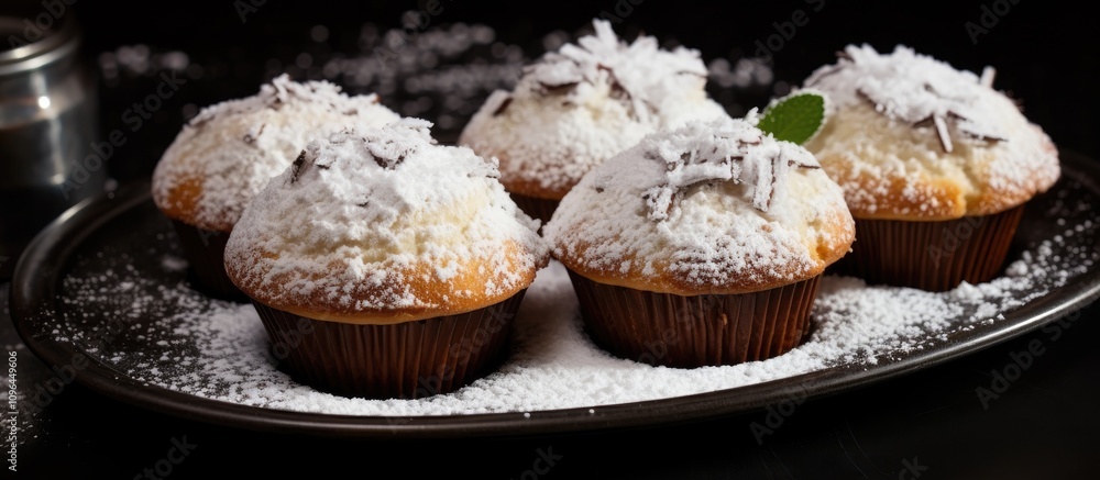 Deliciously fluffy muffins dusted with powdered sugar served on a stylish black plate perfect for dessert or bakery advertising. Deliciously fluffy muffins dusted with powdered sugar served on a stylish black plate perfect for dessert or bakery advertising.