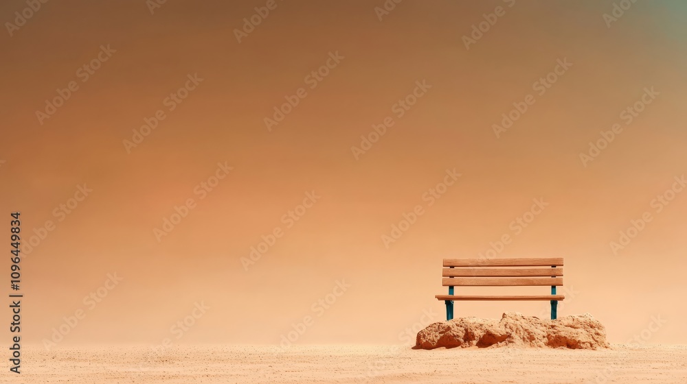 a wooden bench sitting atop a rock in the middle of a desert The bench is surrounded by sand and the background is slightly blurred, giving the image a dreamy feel a wooden bench sitting atop a rock in the middle of a desert The bench is surrounded by sand and the background is slightly blurred, giving the image a dreamy feel