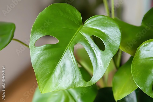 Close-up of a vibrant green Monstera deliciosa leaf, showcasing its characteristic fenestrations and texture. photo