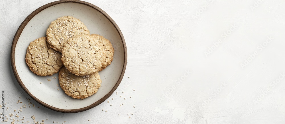 Homemade oatmeal cookies on a rustic plate with sesame seeds on a neutral stone background for a cozy baking atmosphere Homemade oatmeal cookies on a rustic plate with sesame seeds on a neutral stone background for a cozy baking atmosphere