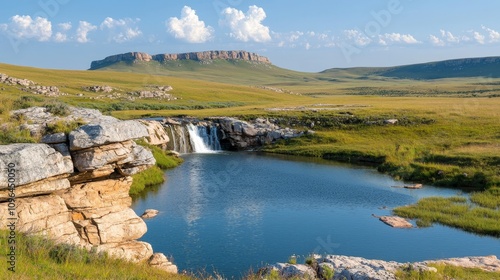  a small waterfall cascading down a rocky cliff in the middle of a grassy field, surrounded by lush green grass and rolling hills in the background The sky is fille