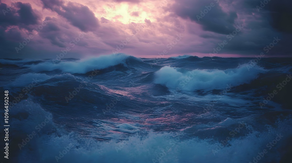 Naklejka premium Stormy ocean waves under a colorful, dramatic sky at sunset.