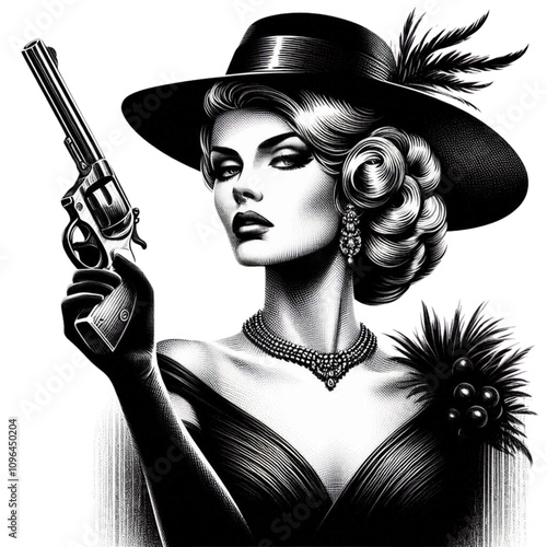 A glamorous woman dressed elegantly, holding a revolver, exuding vintage charm with a femme fatale theme. She was created in a scratchboard style, resembling a black-and-white sketch engraving,