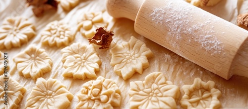 Rolled out stamped cookie dough with intricate flower designs on a floured surface alongside a wooden rolling pin and dried flowers. photo