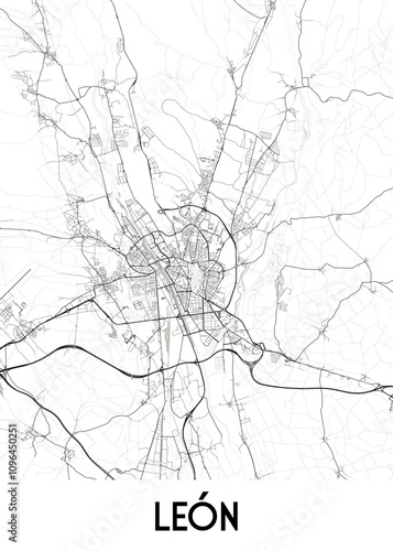A detailed black and white map of the city of León, Spain. The map showcases the intricate network of streets and roads that crisscross the urban landscape.